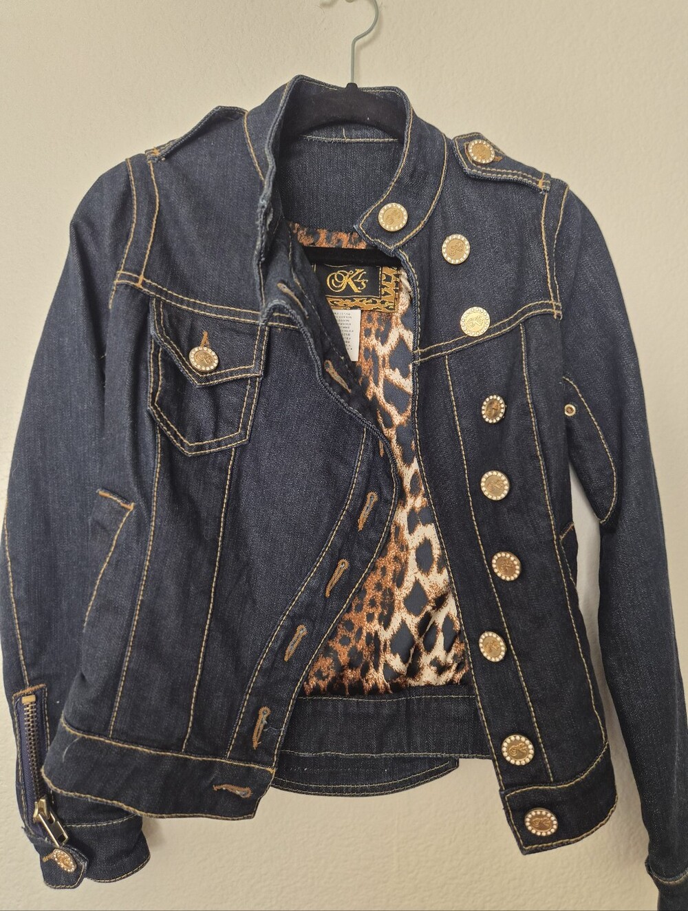 KIMORA LEE SIMMONS  Dark Indigo Denim Jacket with Leopard-Print Lining